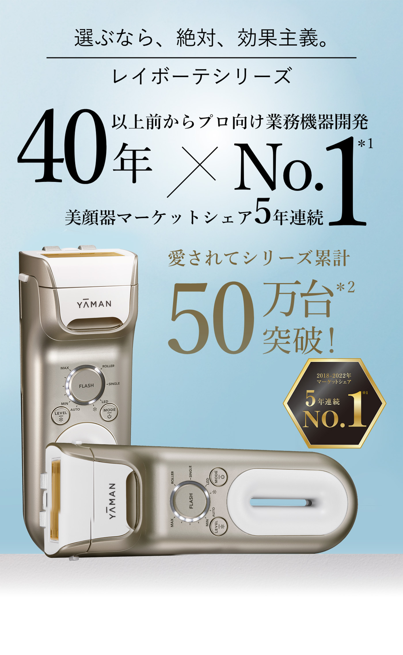選ぶなら、絶対、効果主義。 レイボーテシリーズ 40年以上前からプロ向け業務機器開発 40年×No.1※1 美顔器マーケットシェア5年連続 愛されてシリーズ累計50万大突破※2 2018-2022年マーケットシェア 5年連続No.1※1