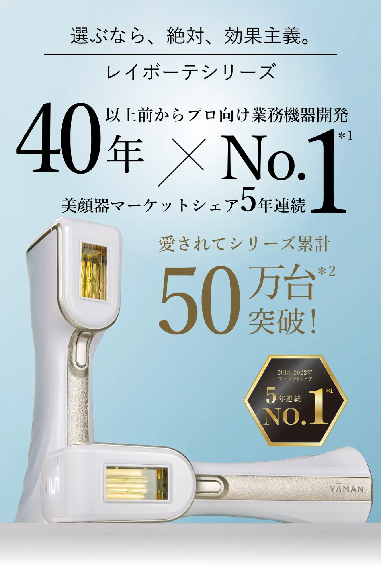 選ぶなら、絶対、効果主義。レイボーテシリーズ　40年以上前からプロ向け業務機器開発 美顔器マーケットシェア5年連続No.1　愛されてシリーズ累計50万台突破!