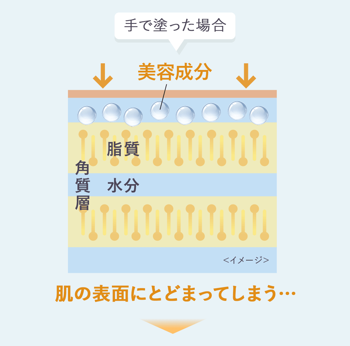 （角質層への美容成分浸透イメージ図）化粧水や美容液を手で塗ると、美容成分が肌の表面にとどまってしまう…